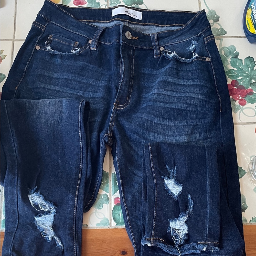 KanCan Dark Blue Distressed Straight Leg Jeans